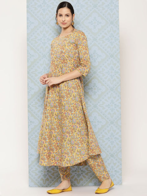 Women Yellow Printed Anarkali Kurta With Trouser And Dupatta