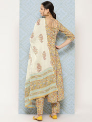 Women Yellow Printed Anarkali Kurta With Trouser And Dupatta