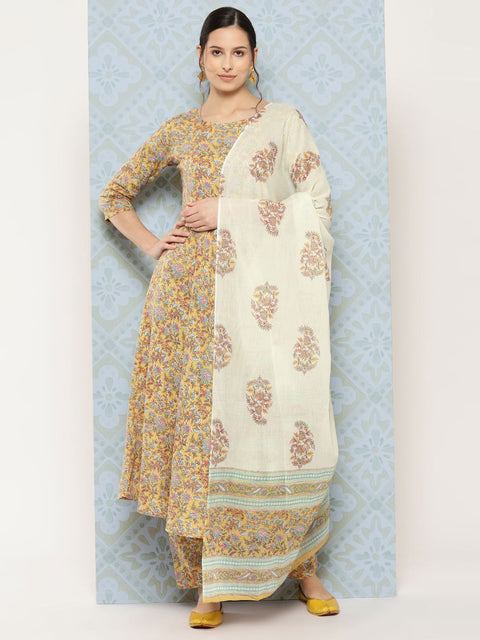 Women Yellow Printed Anarkali Kurta With Trouser And Dupatta