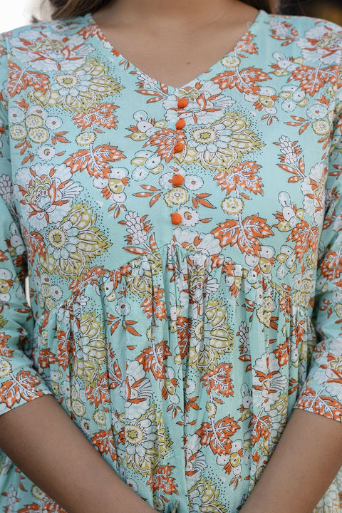 Women Green Printed Gathered Kurta And Trouser With Dupatta