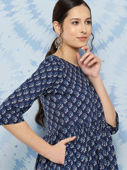 Wome Navy Blue Printed Flared Dress With Three quarter Sleeves