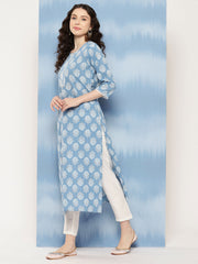 Women Blue Ethnic Printed Straight Kurta With Three Quarter Sleeves