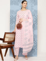 Women Light Pink Printed Straight Kurta With Palazzo And Dupatta