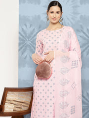 Women Light Pink Printed Straight Kurta With Palazzo And Dupatta