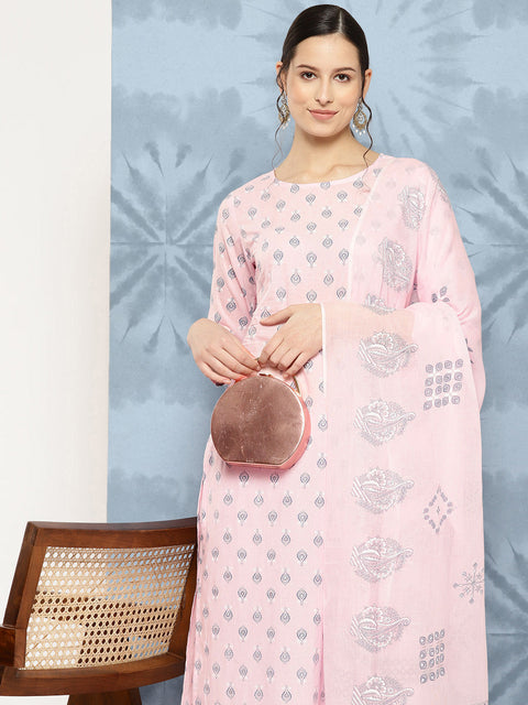 Women Light Pink Printed Straight Kurta With Palazzo And Dupatta