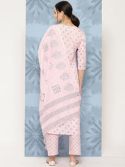 Women Light Pink Printed Straight Kurta With Palazzo And Dupatta