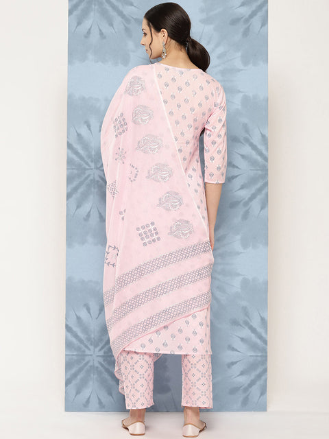 Women Light Pink Printed Straight Kurta With Palazzo And Dupatta