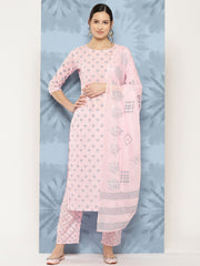 Women Light Pink Printed Straight Kurta With Palazzo And Dupatta