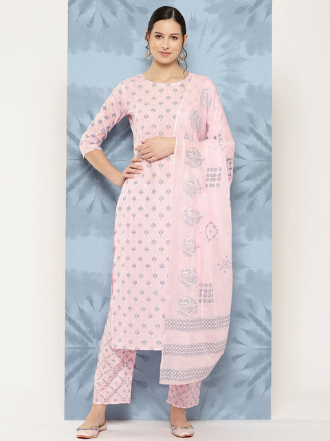 Women Light Pink Printed Straight Kurta With Palazzo And Dupatta