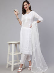 Women White Lace details Straight Kurta With Trouser And Net Dupatta