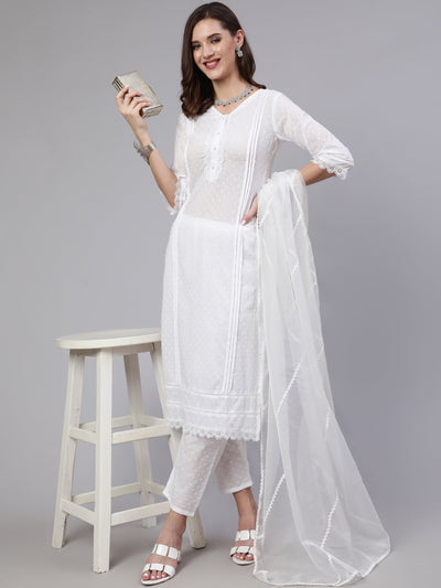 Women White Lace details Straight Kurta With Trouser And Net Dupatta