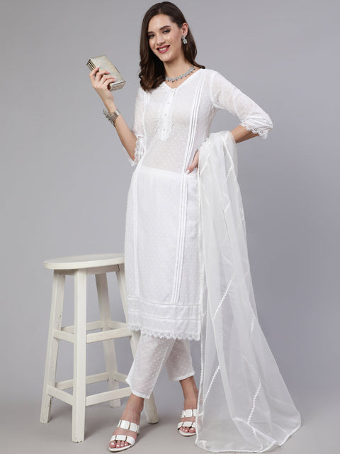 Women White Lace details Straight Kurta With Trouser And Net Dupatta