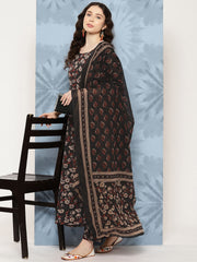 Women Black Floral Printed Flared Kurta With Trouser And Dupatta