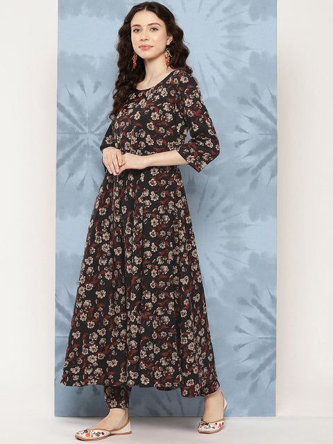 Women Black Floral Printed Flared Kurta With Trouser And Dupatta