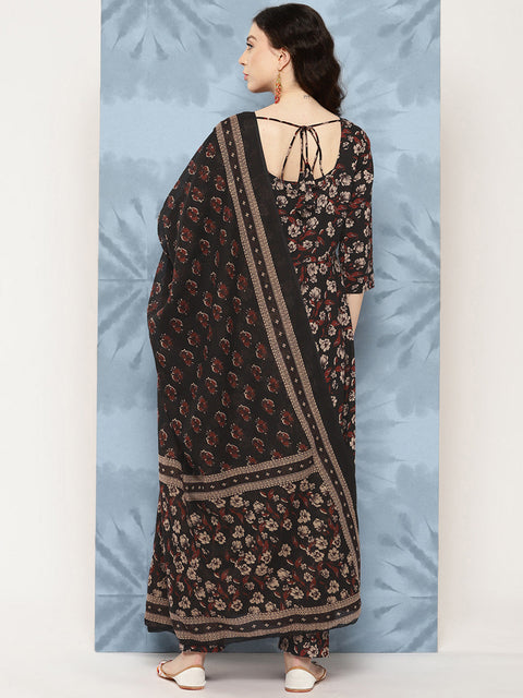Women Black Floral Printed Flared Kurta With Trouser And Dupatta