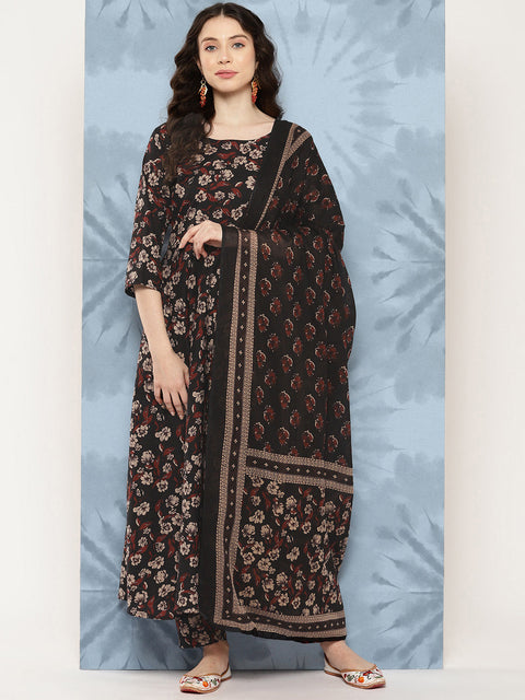 Women Black Floral Printed Flared Kurta With Trouser And Dupatta