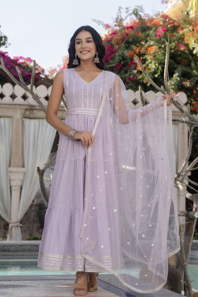 Women Lavender Embroidered Flared Dress With Scalloped Dupatta