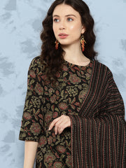 Women Black Floral Printed Straight Kurta With Trouser And Dupatta