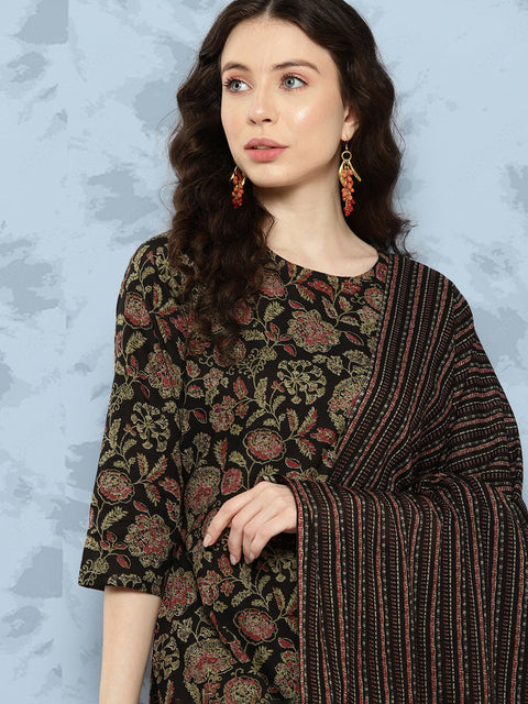 Women Black Floral Printed Straight Kurta With Trouser And Dupatta