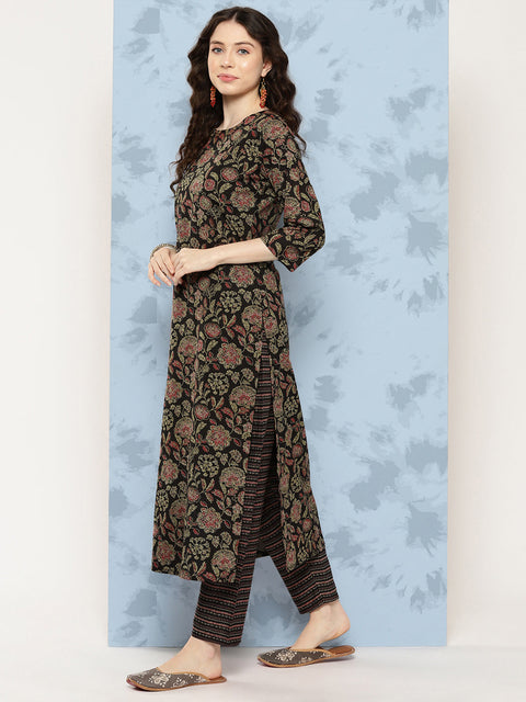 Women Black Floral Printed Straight Kurta With Trouser And Dupatta