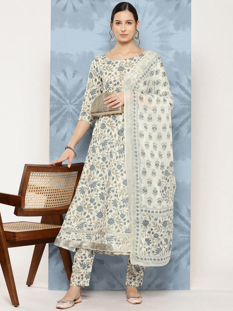 Women Off-White Floral Printed Flared Kurta With Trouser And Dupatta