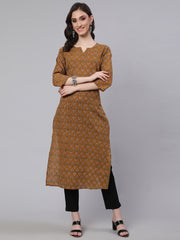 Women Yellow Printed straight Kurta With three qurter sleeves
