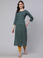 Women Teal Blue Printed straight Kurta With three qurter sleeves