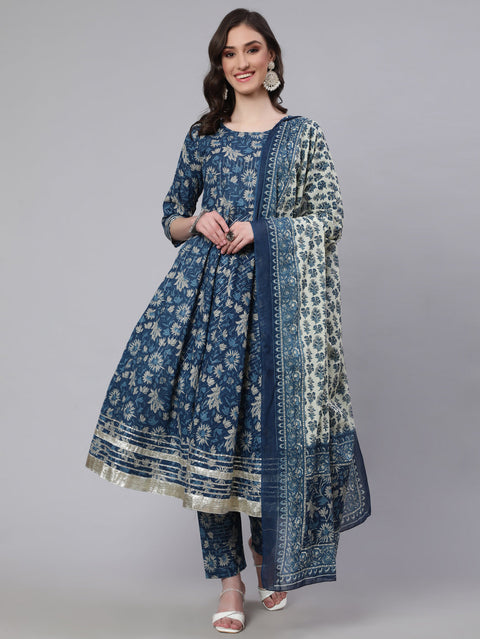 Women Blue Ethnic Printed Anarkali Kurta With Trouser And Dupatta