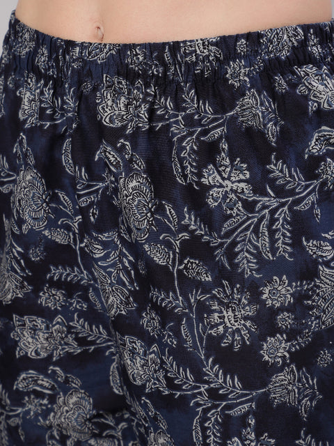 Women Blue Floral Printed Anarkali Kurta With Trouser And Dupatta