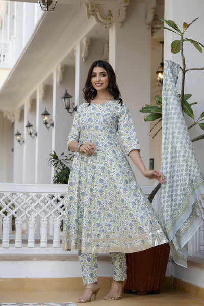 Women Off-White Floral Printed Flared Kurta With Trouser And Dupatta