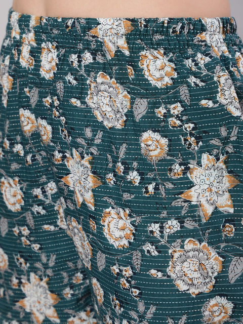 Women Green Floral Printed Anarkali Kurta With Trouser And Dupatta