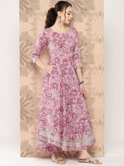 Women Pink Floral Printed Anarkali Kurta With Trouser And Dupatta