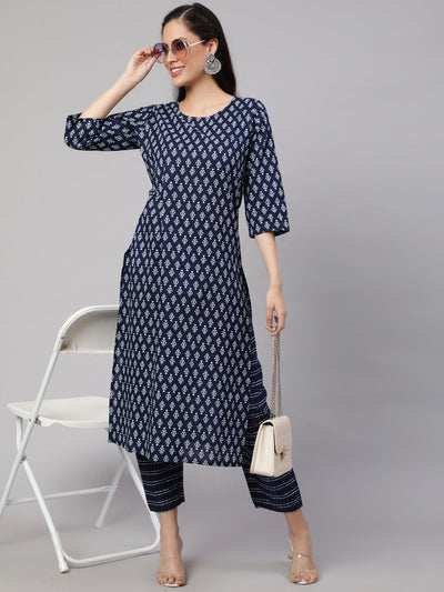 Women Navy Blue Printed Straight Kurta With Trouser