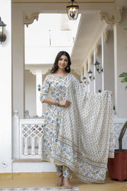 Women Off-White Floral Printed Flared Kurta With Trouser And Dupatta