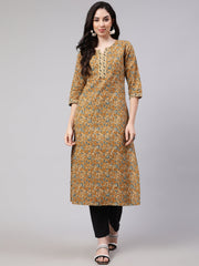 Wome Mustrad Printed Straight Kurta Three Quarter Sleeves