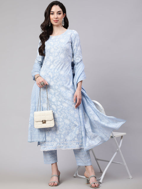 Women Blue Ethnic Printed Straight Kurta With Trouser And Dupatta