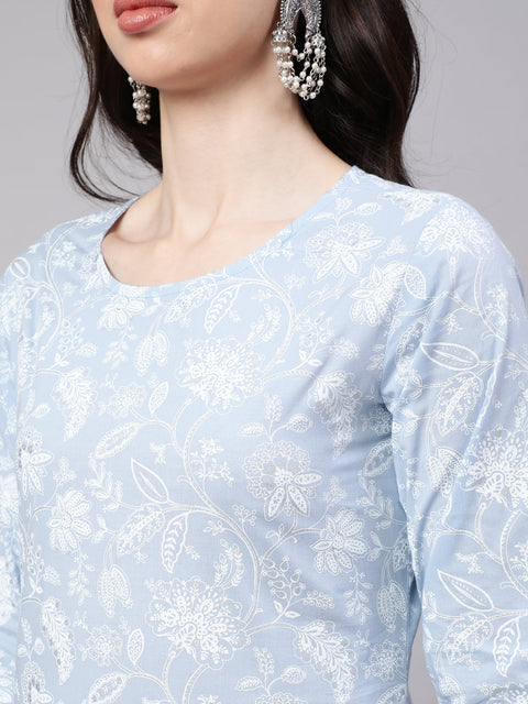 Women Blue Ethnic Printed Straight Kurta With Trouser And Dupatta