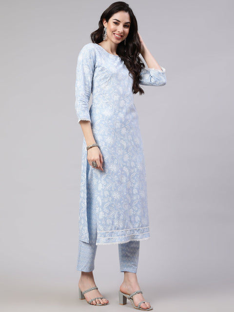 Women Blue Ethnic Printed Straight Kurta With Trouser And Dupatta