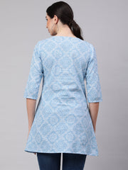 Women Blue Straight Tunic With Three Quaretr Sleeves