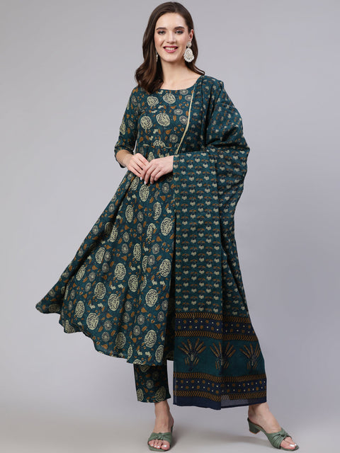 Women Green Floral Printed Anarkali Kurta With Trouser And Dupatta