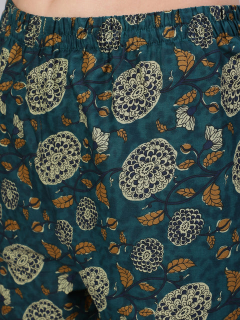 Women Green Floral Printed Anarkali Kurta With Trouser And Dupatta