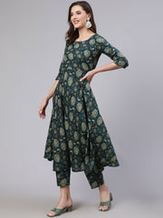 Women Green Floral Printed Anarkali Kurta With Trouser And Dupatta