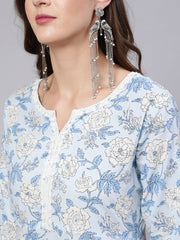 Women Blue Floral Printed Anarkali Kurta With Trouser And Dupatta