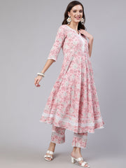 Women Pink Floral Printed Anarkali Kurta With Trouser And Dupatta