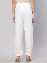 Women White Solid Pant With Lace Details