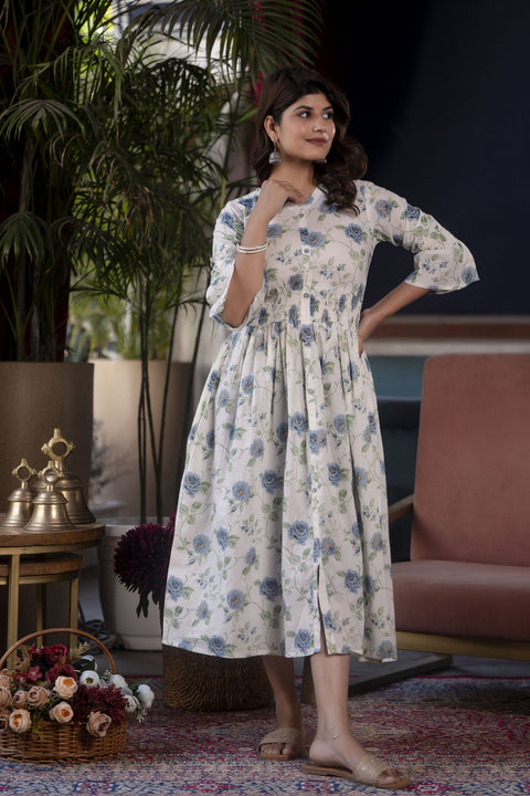 Women White Floral Printed Flared Dress