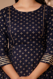 Women Navy Blue Gold Printed Flared Dress With Three quarter Sleeves