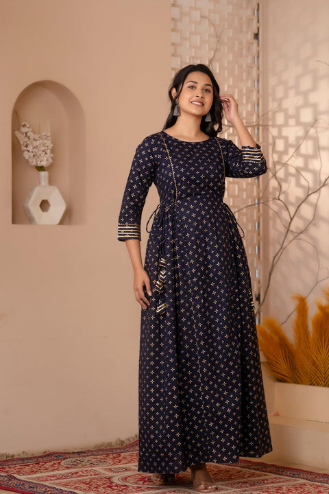 Women Navy Blue Gold Printed Flared Dress With Three quarter Sleeves