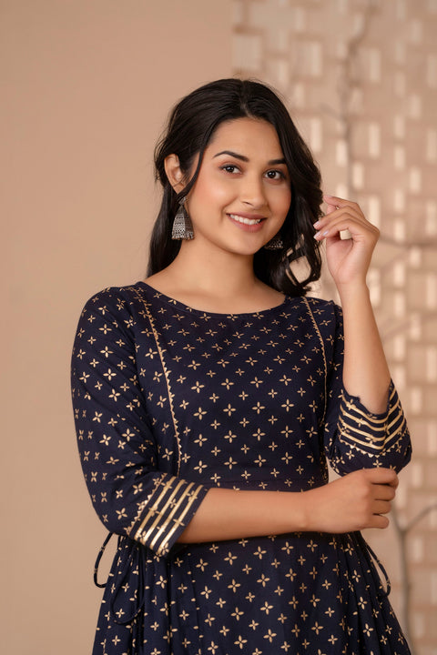 Women Navy Blue Gold Printed Flared Dress With Three quarter Sleeves