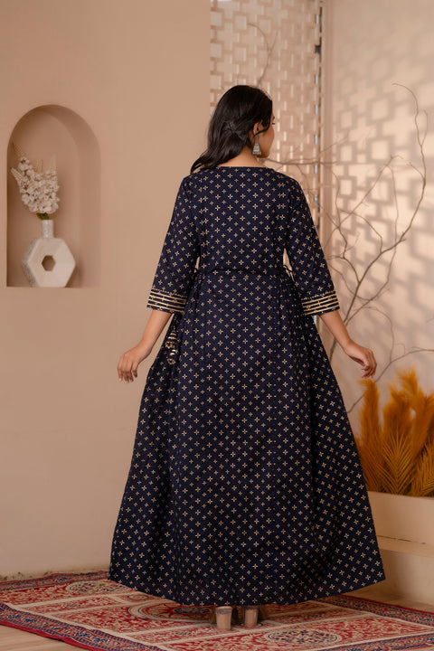 Women Navy Blue Gold Printed Flared Dress With Three quarter Sleeves